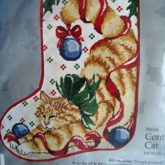 Candamar 30634 Christmas Needlepoint Stocking Kit CONTENT CAT Something Special - Picture 1 of 10